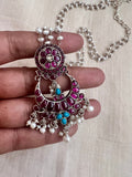 Silver polish pink kemp pendant with pearl chain-Silver Neckpiece-CI-House of Taamara