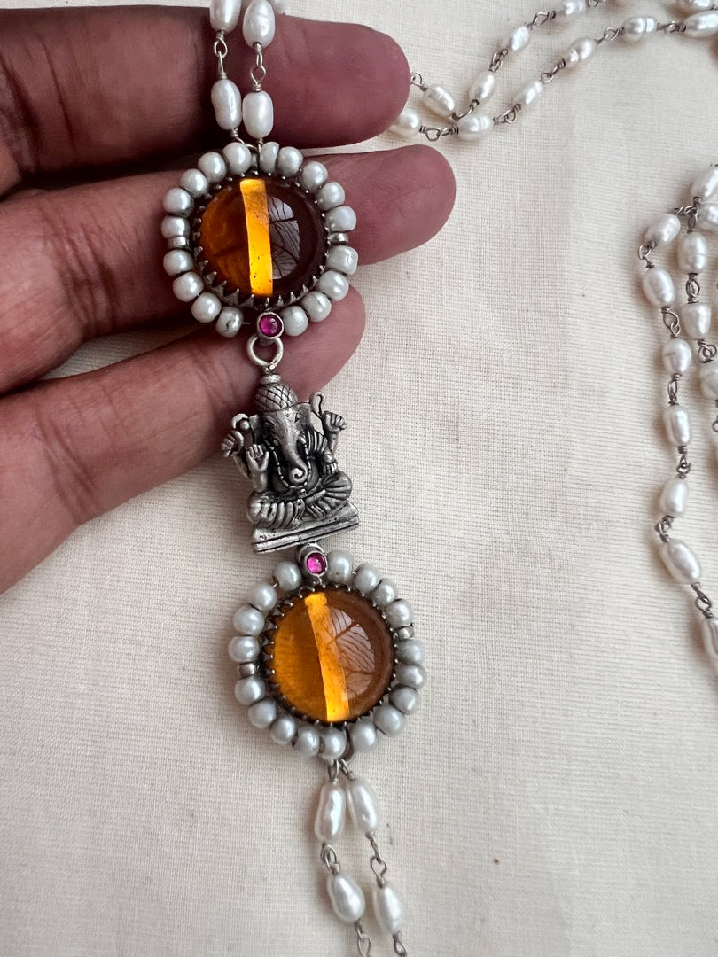 Silver side mope long chain with Ganesha & yellow citrine stones-Silver Neckpiece-CI-House of Taamara