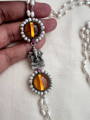 Silver side mope long chain with Ganesha & yellow citrine stones-Silver Neckpiece-CI-House of Taamara