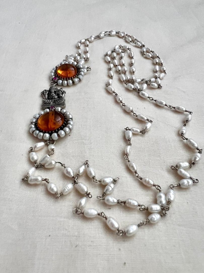Silver side mope long chain with Ganesha & yellow citrine stones-Silver Neckpiece-CI-House of Taamara