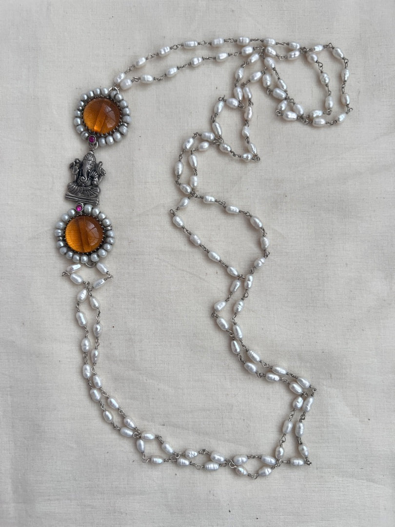 Silver side mope long chain with Ganesha & yellow citrine stones-Silver Neckpiece-CI-House of Taamara