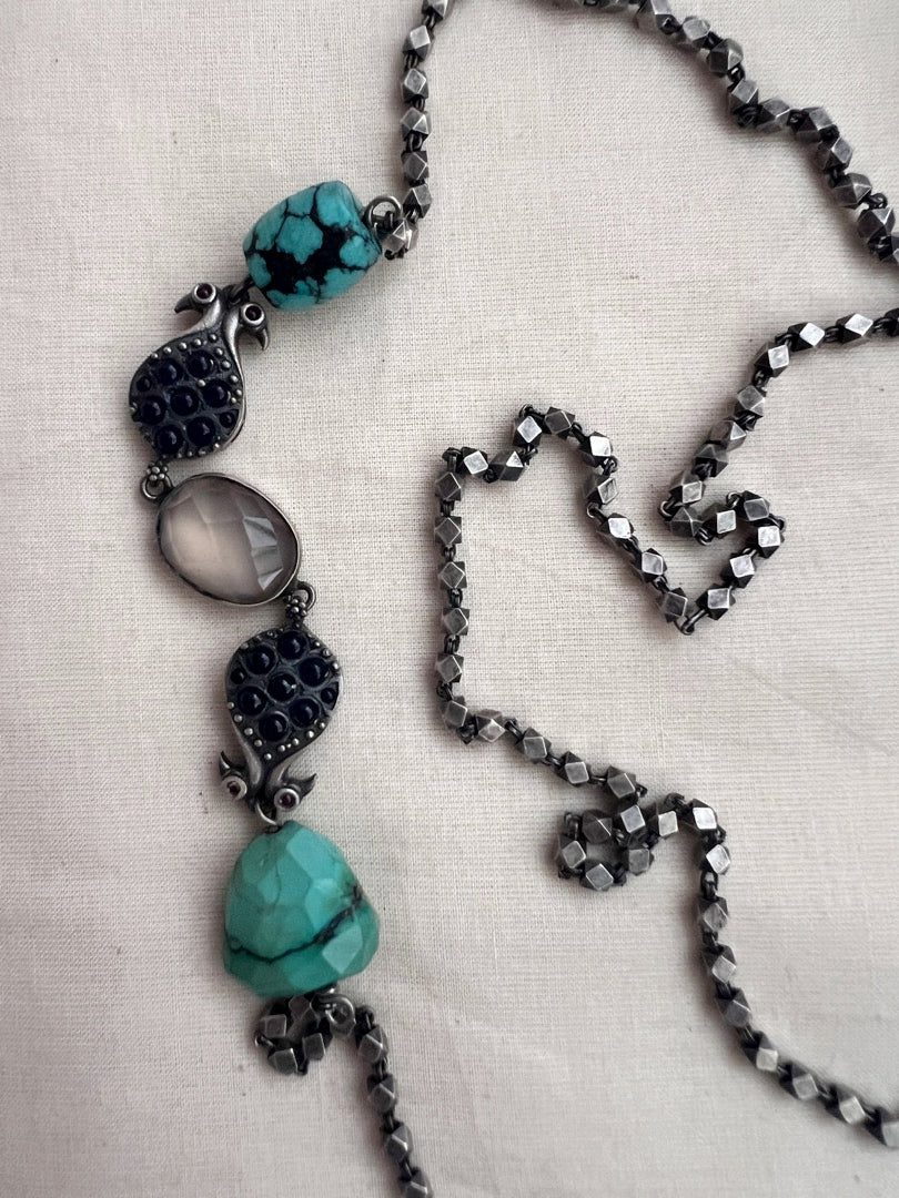 Silver side mope long chain with turquoise beads-Silver Neckpiece-CI-House of Taamara