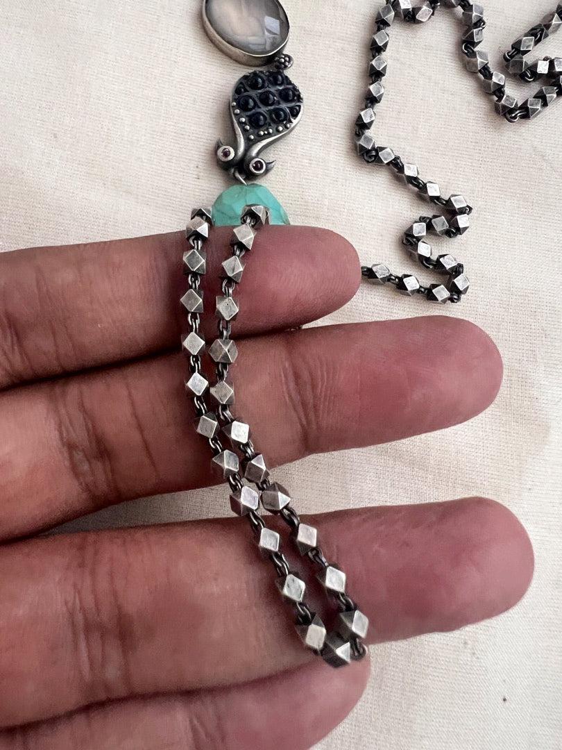 Silver side mope long chain with turquoise beads-Silver Neckpiece-CI-House of Taamara