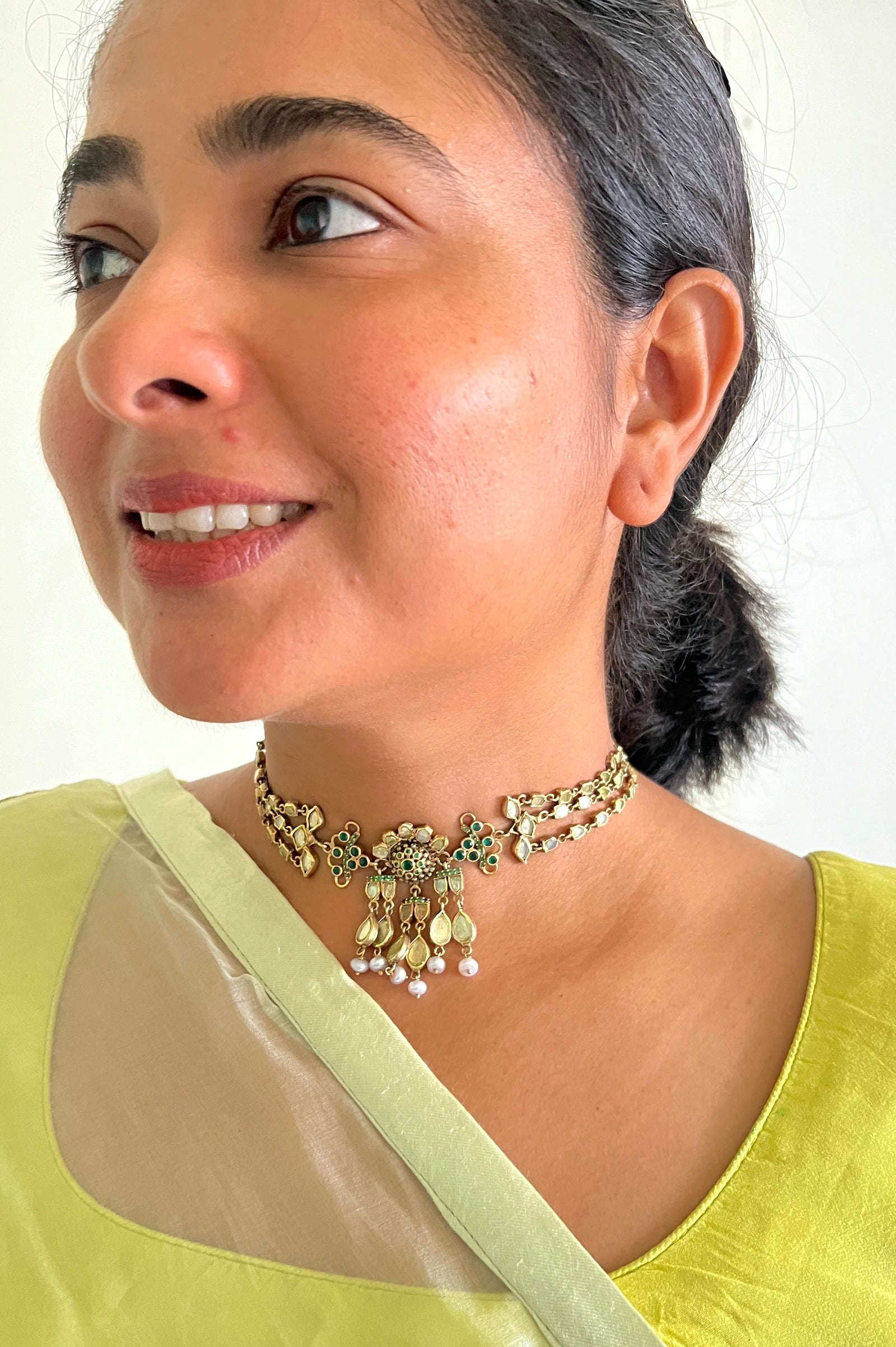 Small Green Stone & Polki Choker-Silver earrings-EZ-House of Taamara