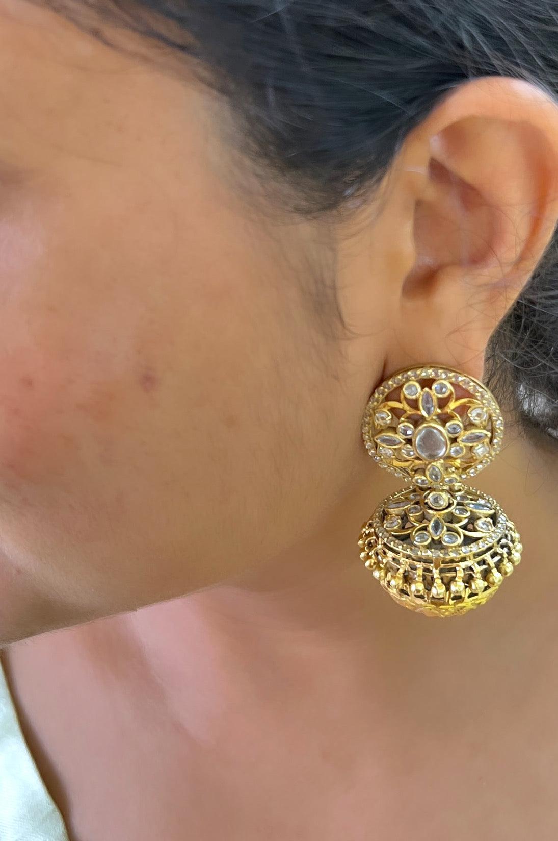 Small floral stud with a jhumki with carving at bottom-Silver earrings-EZ-House of Taamara