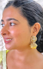 Small floral stud with a jhumki with carving at bottom-Silver earrings-EZ-House of Taamara