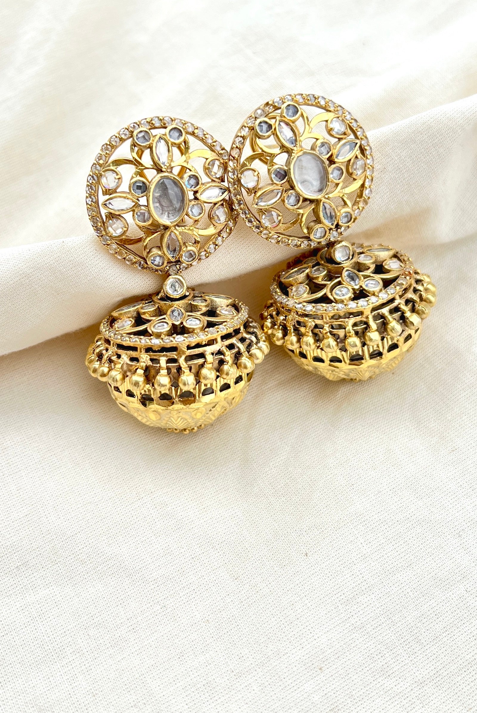 Small floral stud with a jhumki with carving at bottom-Silver earrings-EZ-House of Taamara