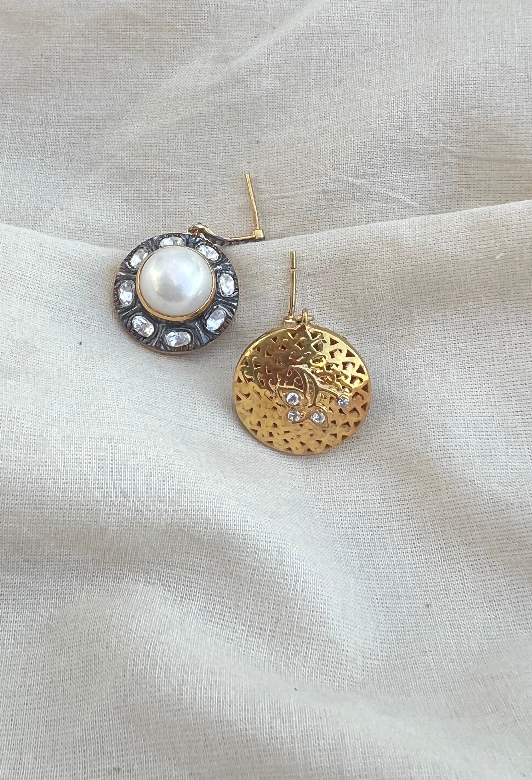 Small line of cz with a round pearl surrounded by small Polki-Silver earrings-EZ-House of Taamara