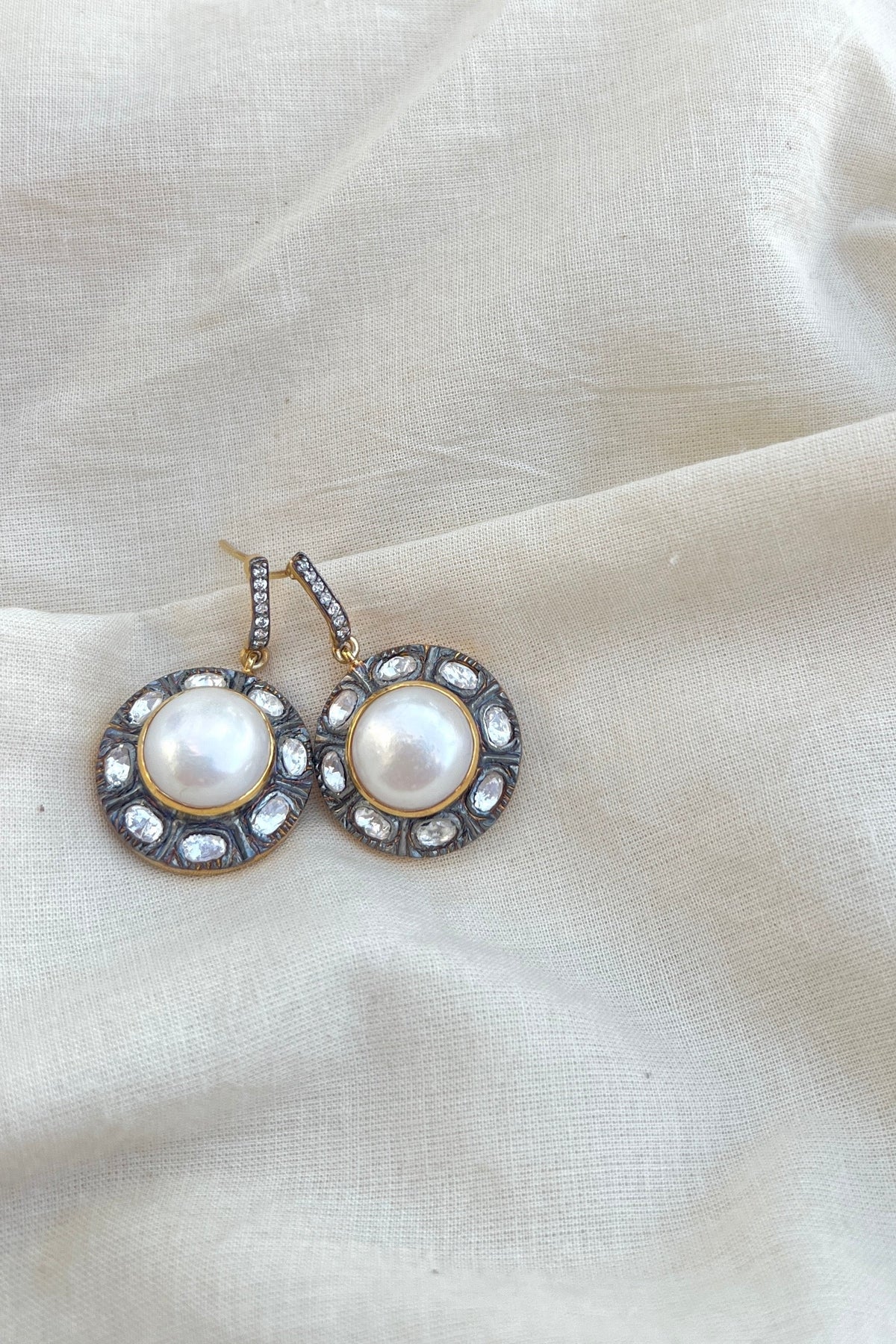 Small line of cz with a round pearl surrounded by small Polki-Silver earrings-EZ-House of Taamara