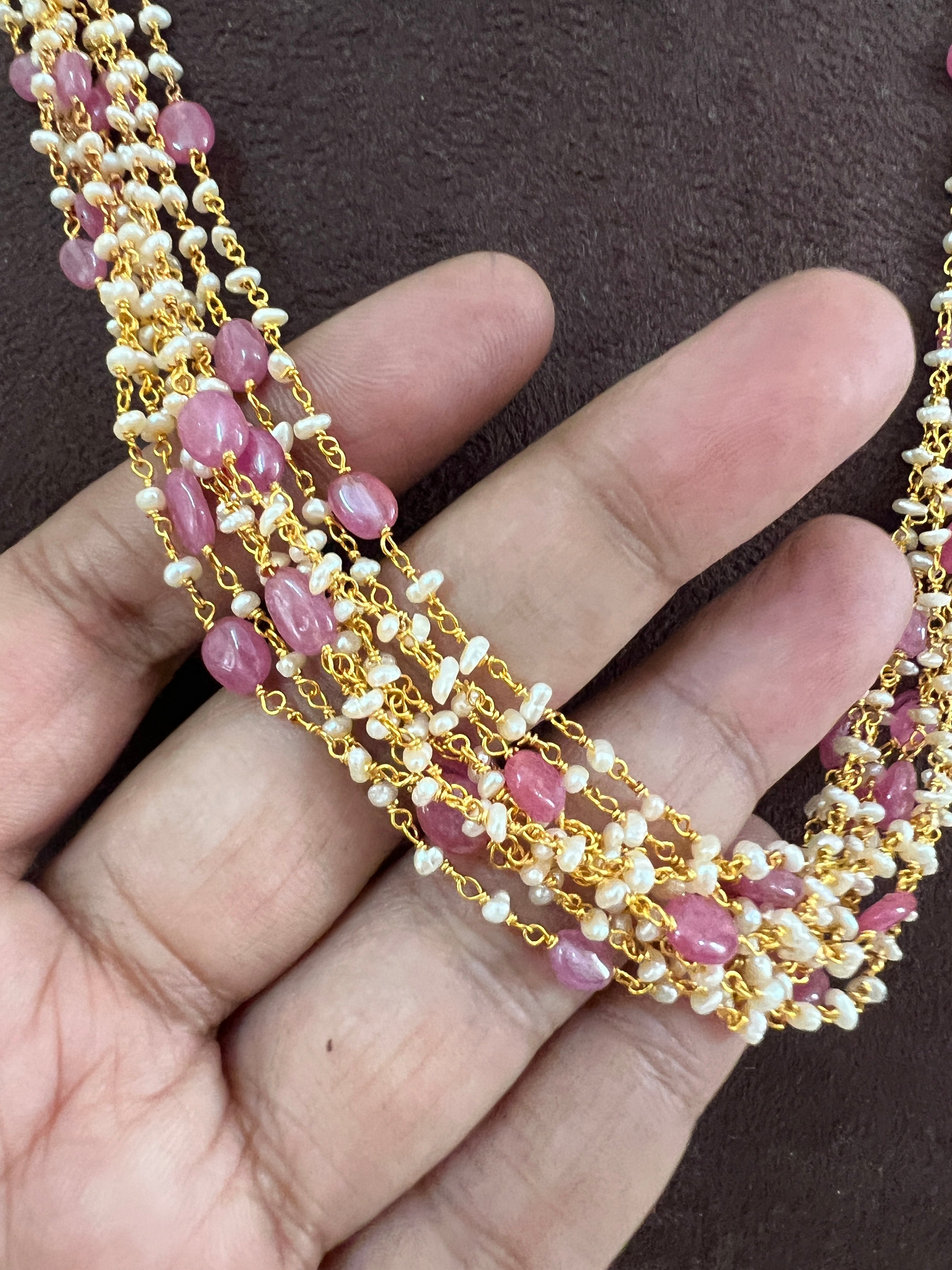 Smaller Pearl bunch with ruby oval beads-Silver Neckpiece-PL-House of Taamara