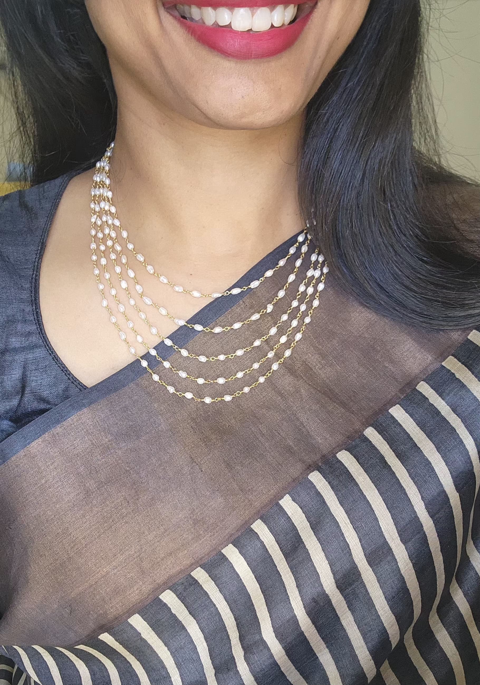 Step Fresh Water Rice Pearls 5 Line Necklace (MADE TO ORDER)-Silver Neckpiece-PL-House of Taamara