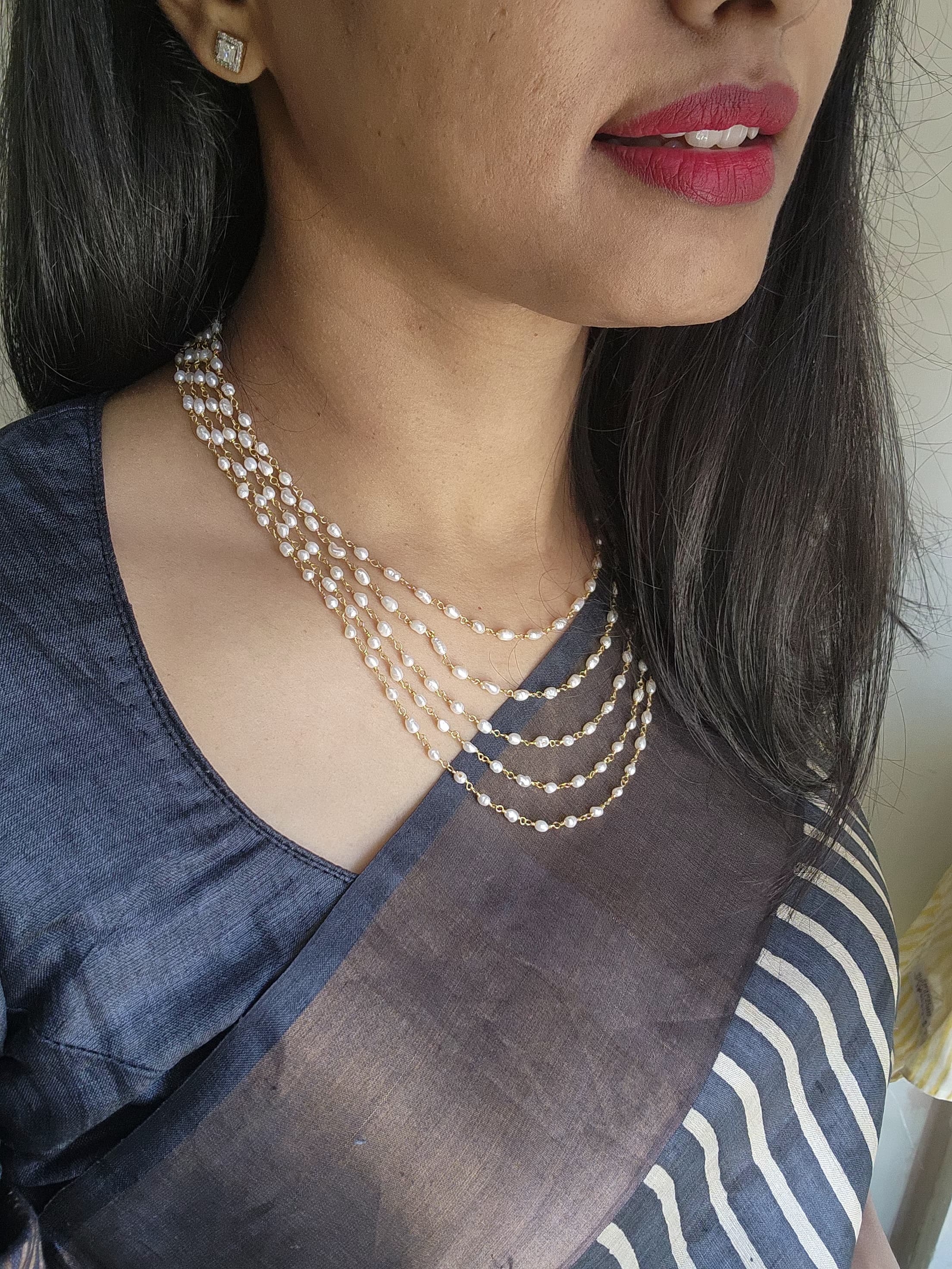 Step Fresh Water Rice Pearls 5 Line Necklace (MADE TO ORDER)-Silver Neckpiece-PL-House of Taamara