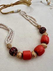 Stringed chain with corals, ruby beads, nakash beads & pearls-Silver Neckpiece-CI-House of Taamara