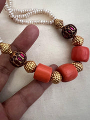 Stringed chain with corals, ruby beads, nakash beads & pearls-Silver Neckpiece-CI-House of Taamara