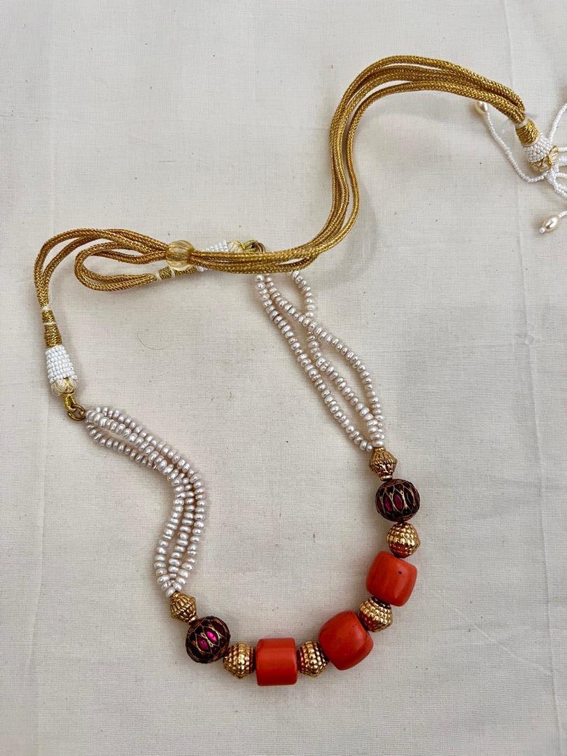 Stringed chain with corals, ruby beads, nakash beads & pearls-Silver Neckpiece-CI-House of Taamara