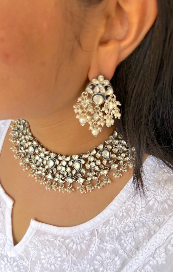 Stunning statement polki choker with pearl clusters-Silver earrings-EZ-House of Taamara