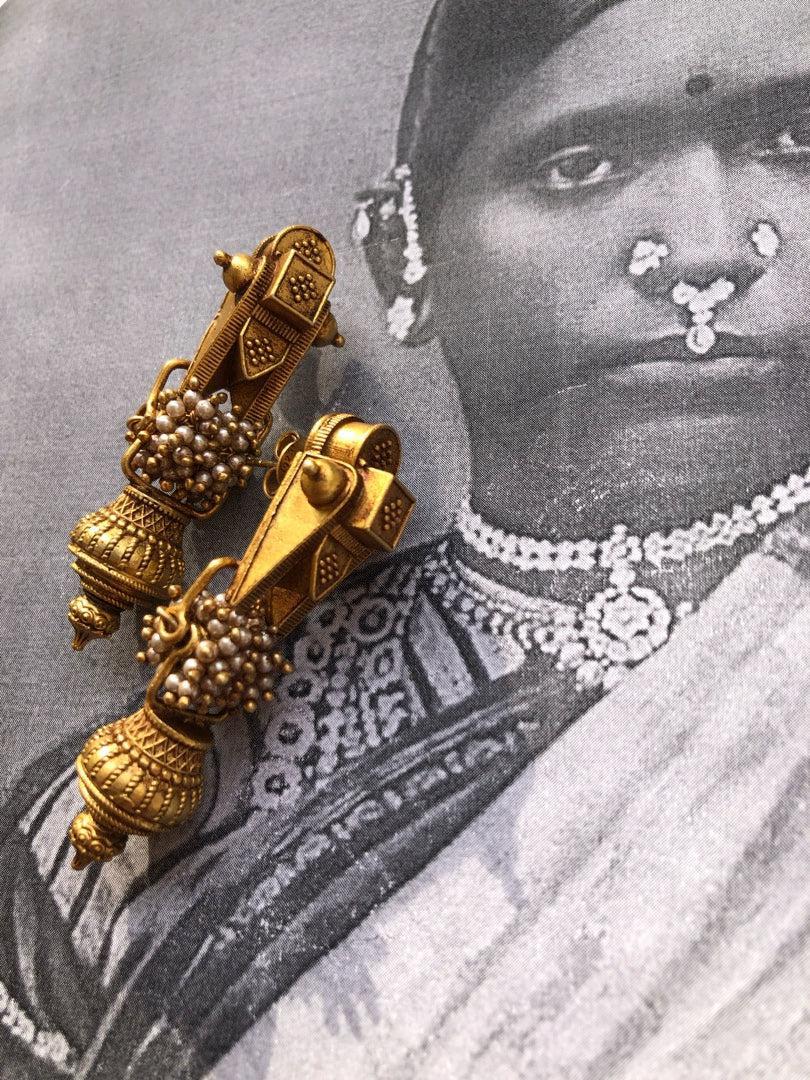 Taali earrings with antique style gundu bead-Earrings-PL-House of Taamara