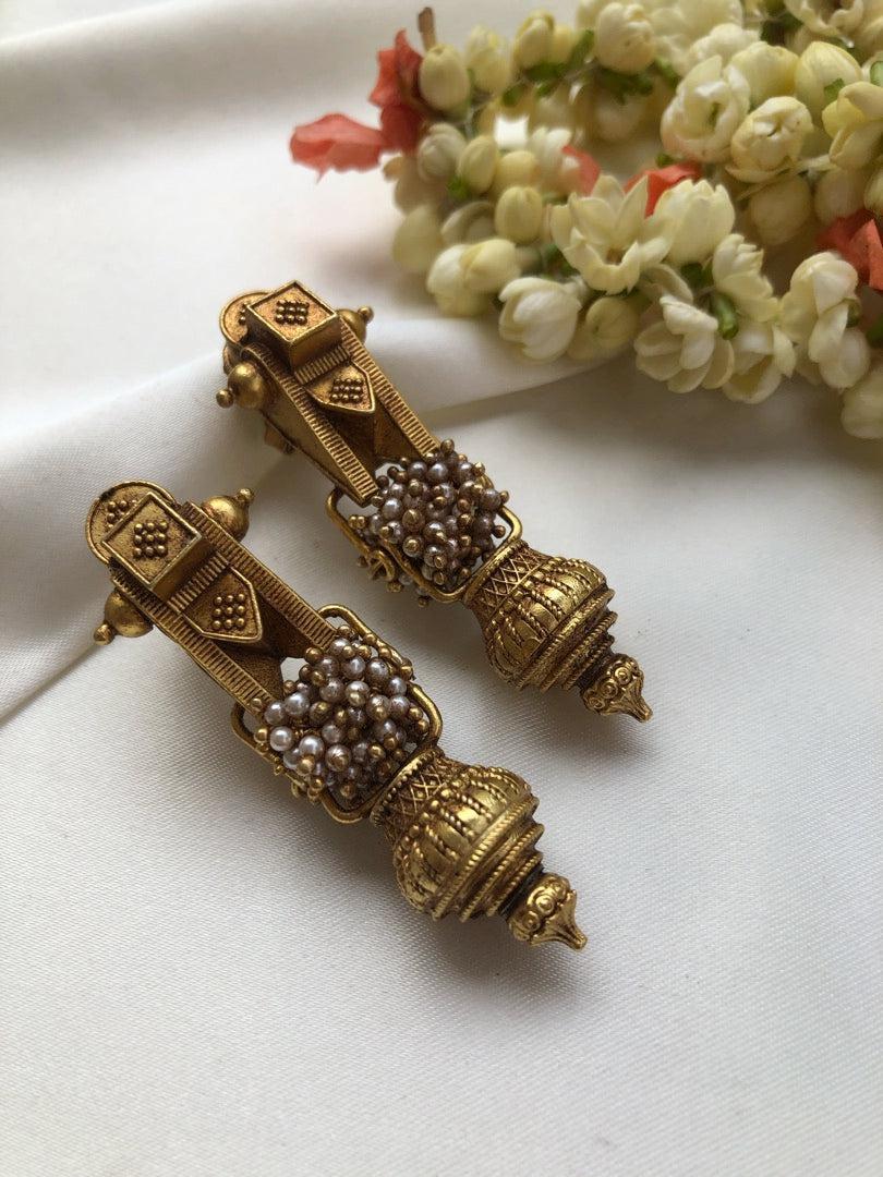 Taali earrings with antique style gundu bead-Earrings-PL-House of Taamara