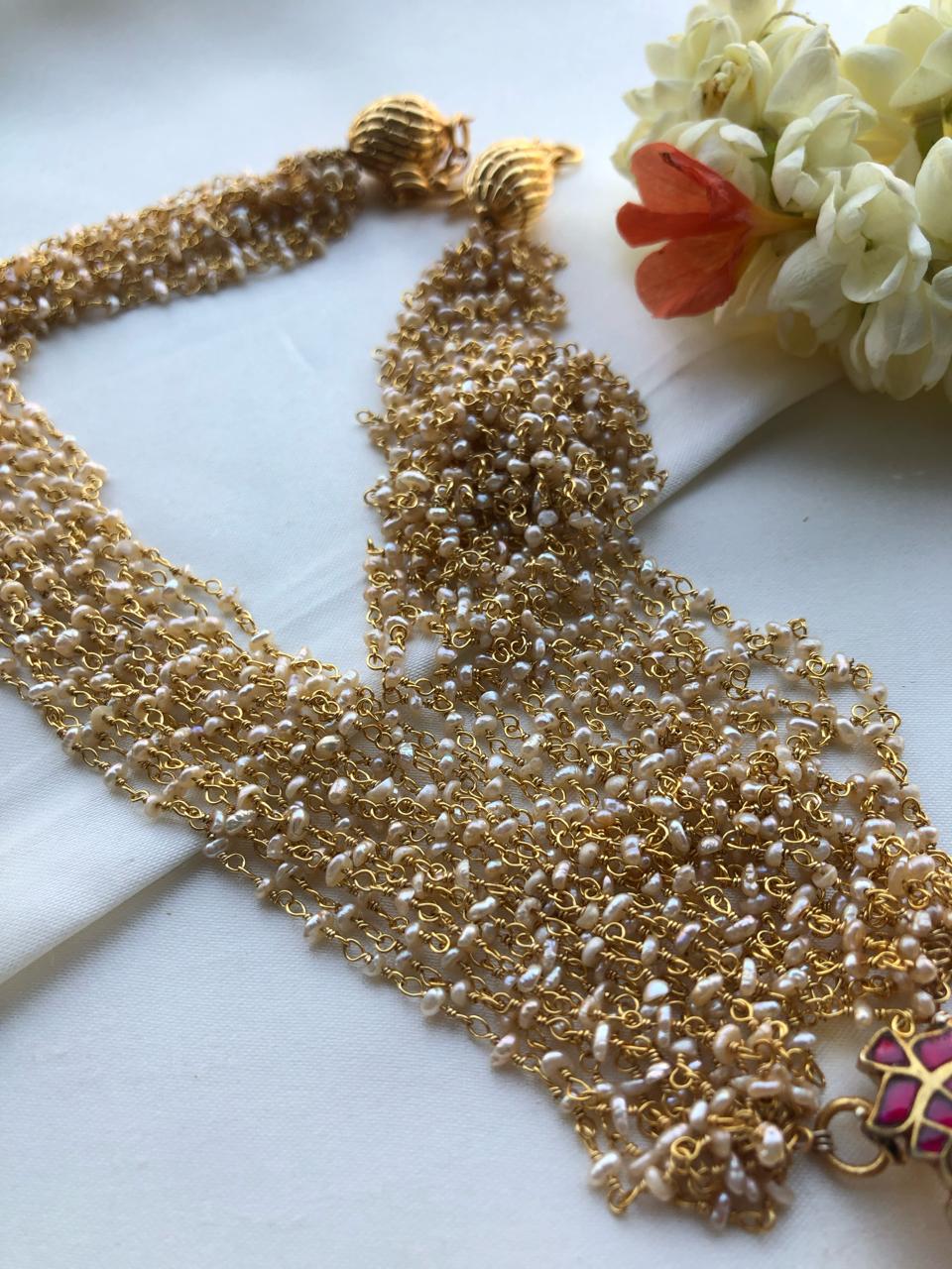 Tai Tai pendant with Pearls bunch mala-Silver Neckpiece-PL-House of Taamara