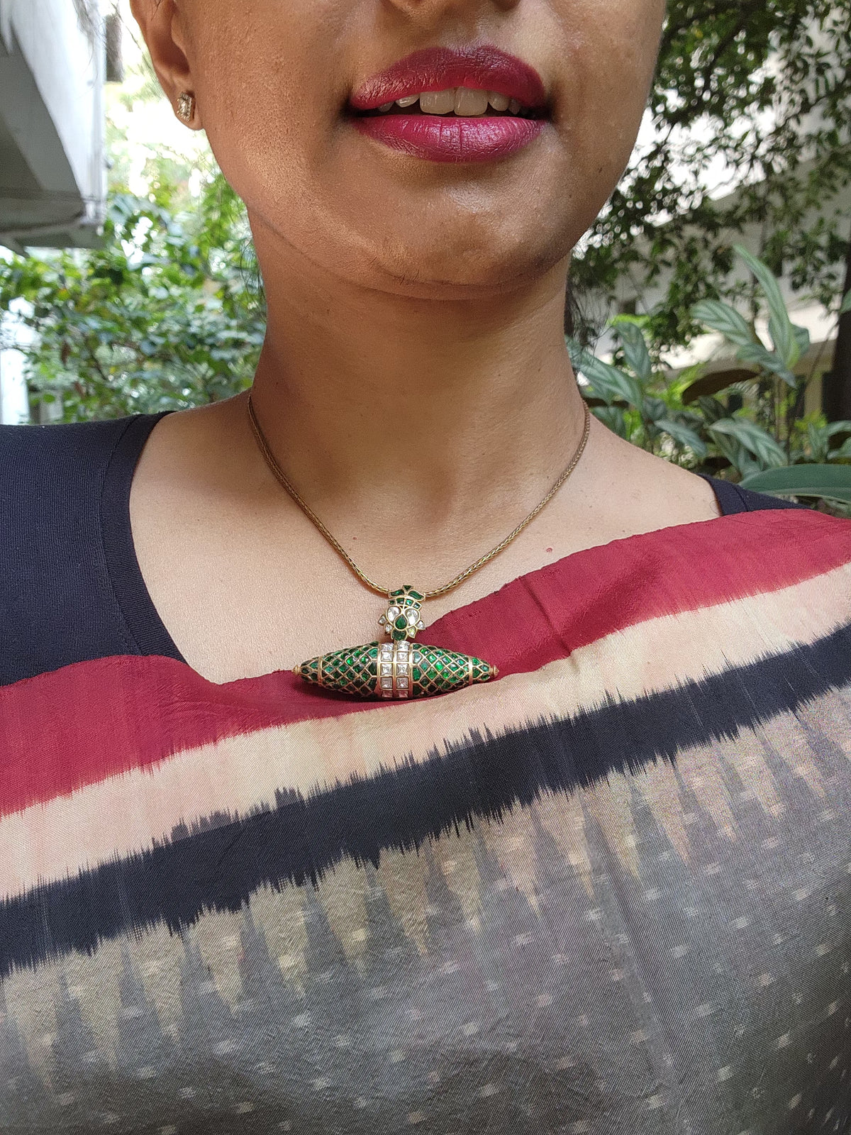 Tai tai green pendant with antique polish chain-Silver Neckpiece-PL-House of Taamara