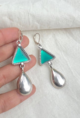 Teal triangle with a silver drop-Silver earrings-EZ-House of Taamara