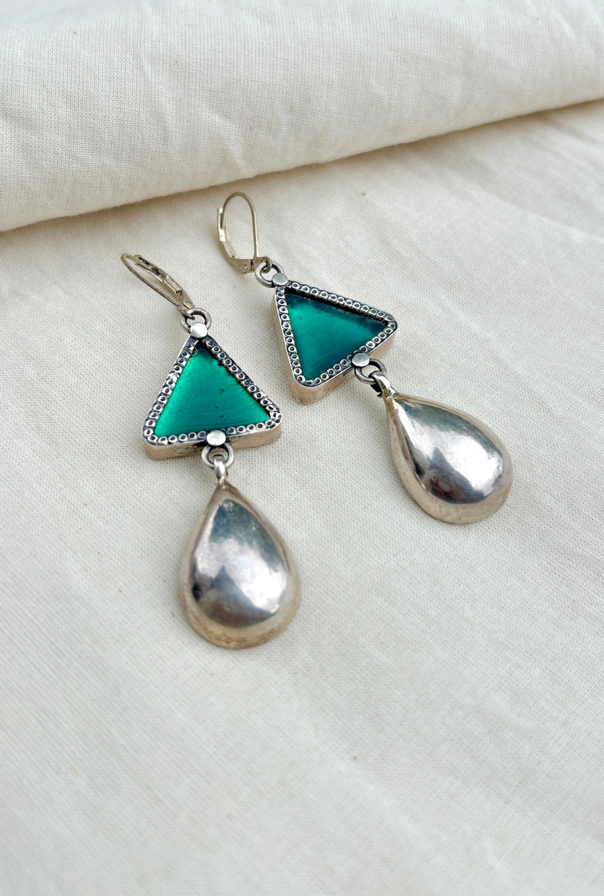 Teal triangle with a silver drop-Silver earrings-EZ-House of Taamara