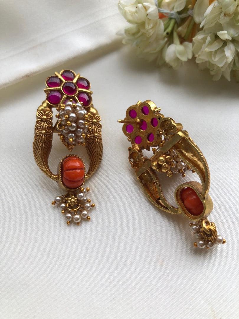 Thodu flower with pearl bunch vintage style-Earrings-PL-House of Taamara