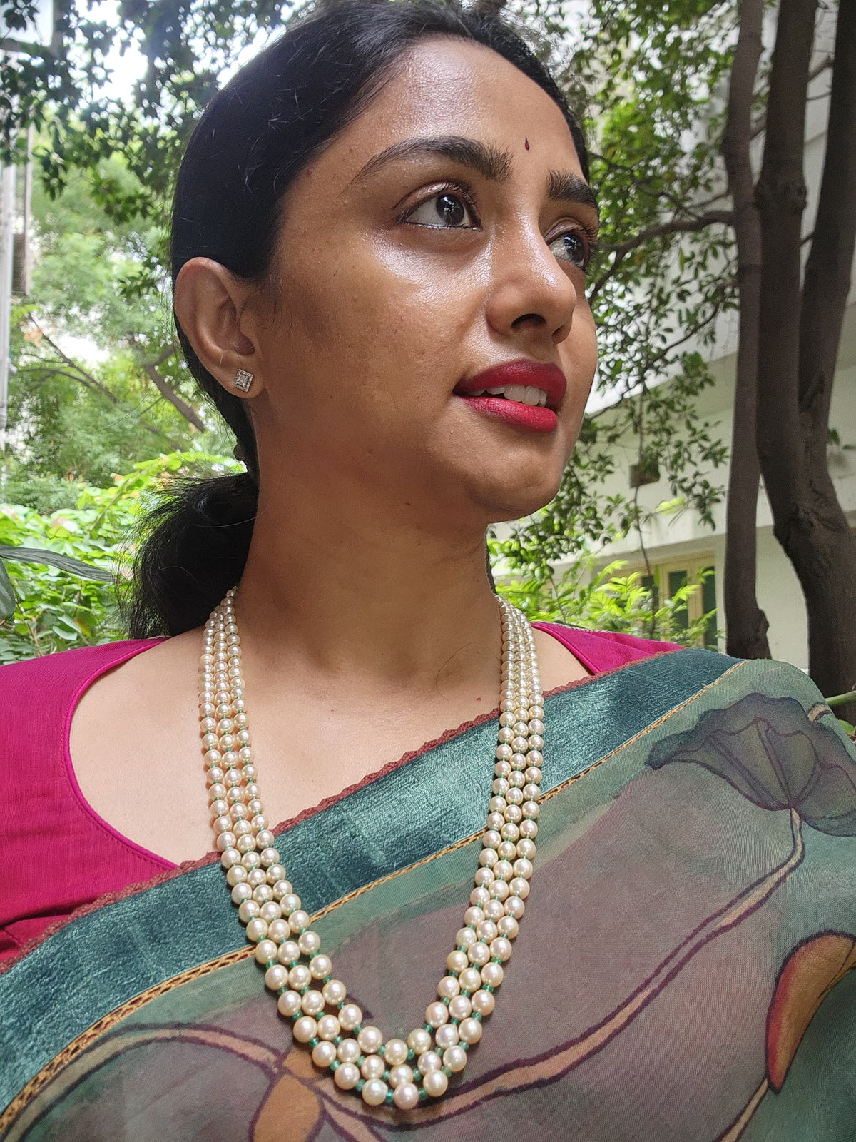 Three Line South Sea Pearls with Emeralds-Silver Neckpiece-House of Taamara-House of Taamara