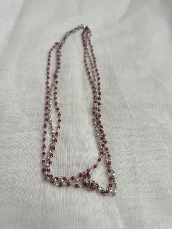 Three layer pearls and ruby beads chain-Silver Neckpiece-CI-House of Taamara