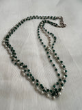 Three layer silver pearls and emerald beads chain-Silver Neckpiece-CI-House of Taamara