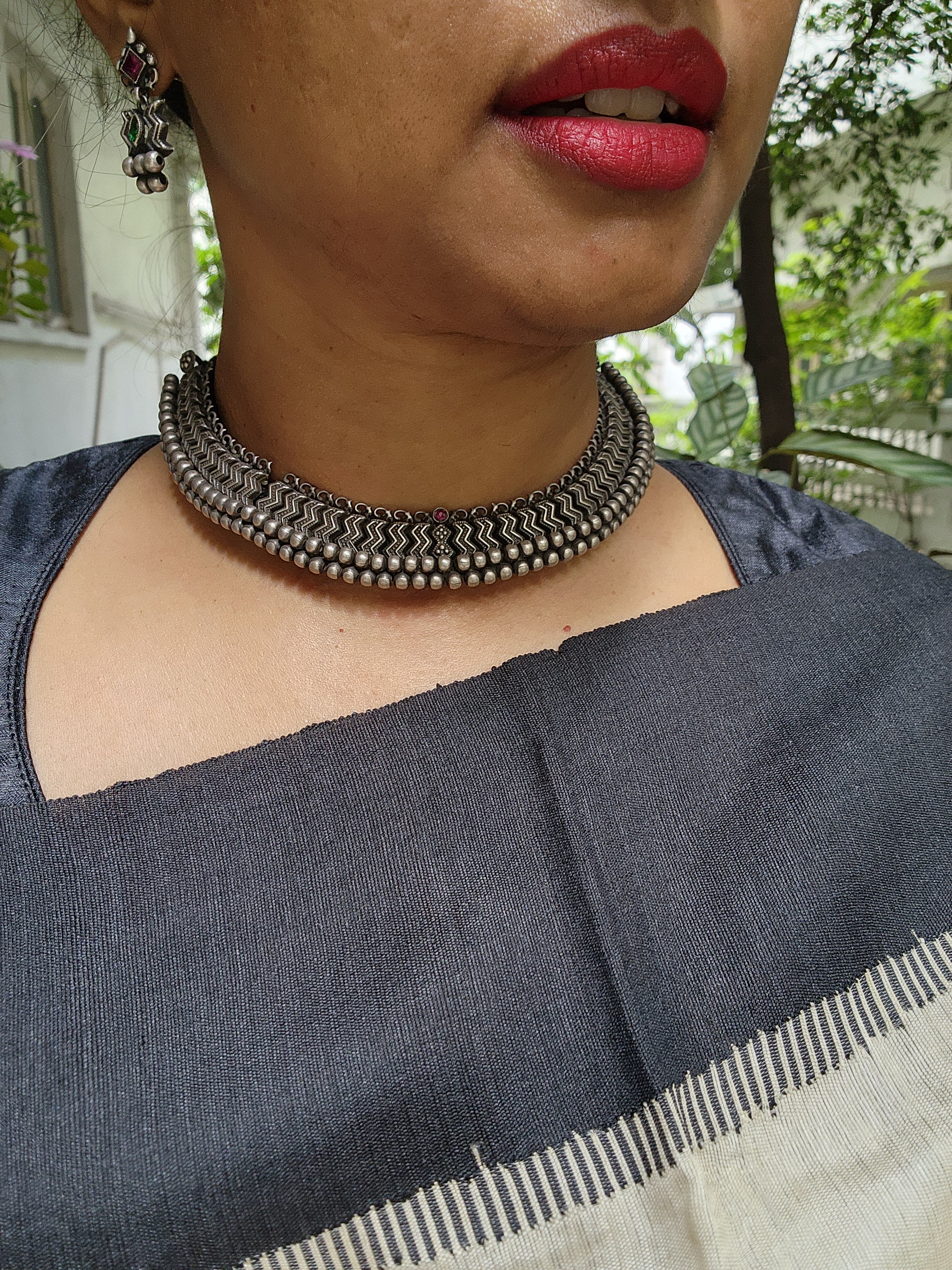 Thussi necklace with earrings, SET-Silver Neckpiece-CI-House of Taamara