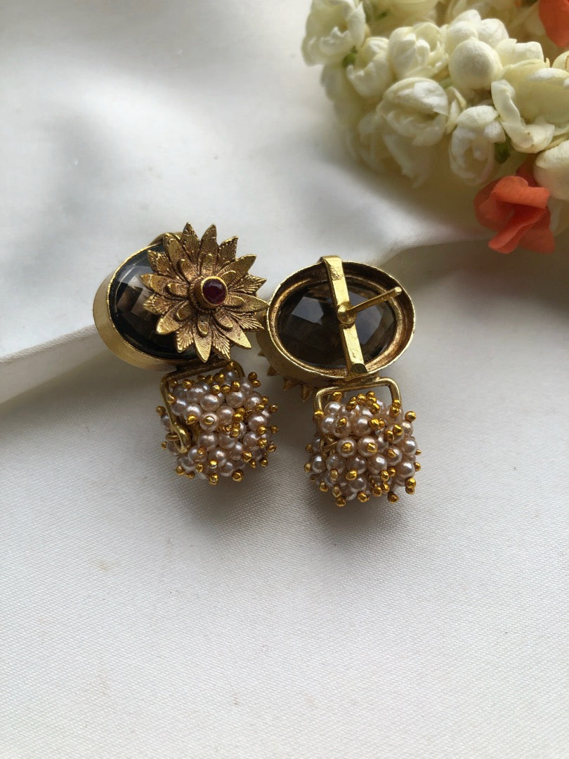 Topaz with antique style flower & pearls bunch-Earrings-PL-House of Taamara