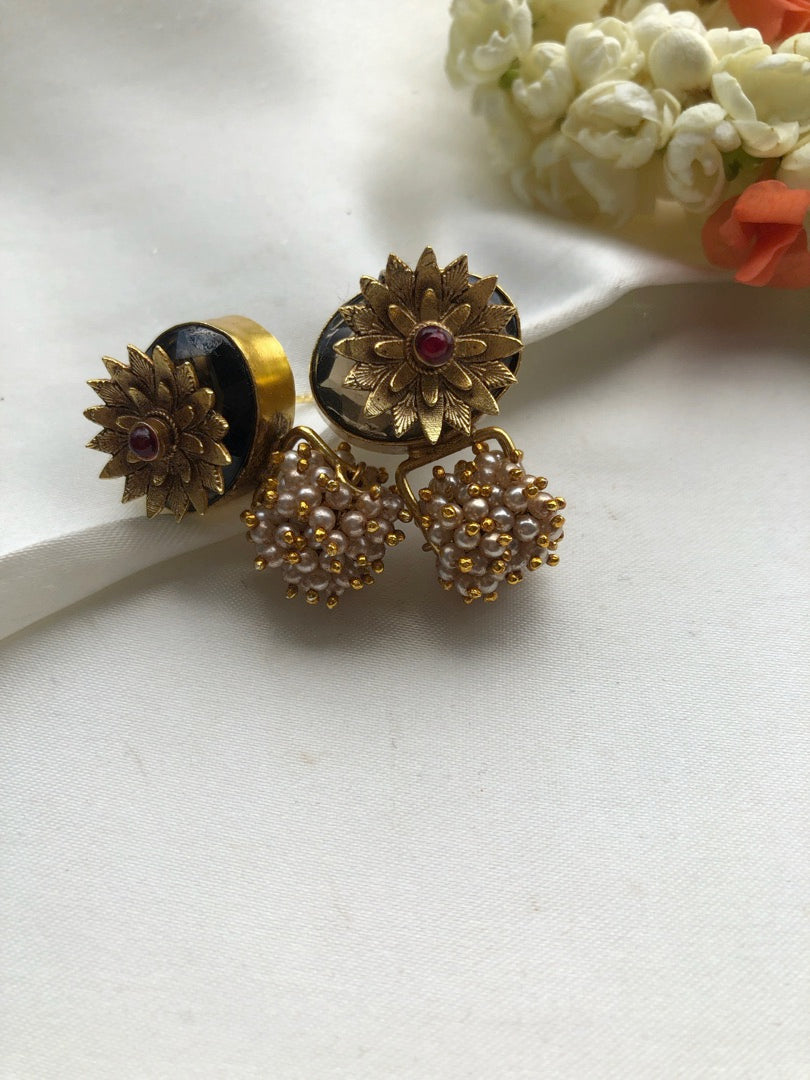 Topaz with antique style flower & pearls bunch-Earrings-PL-House of Taamara