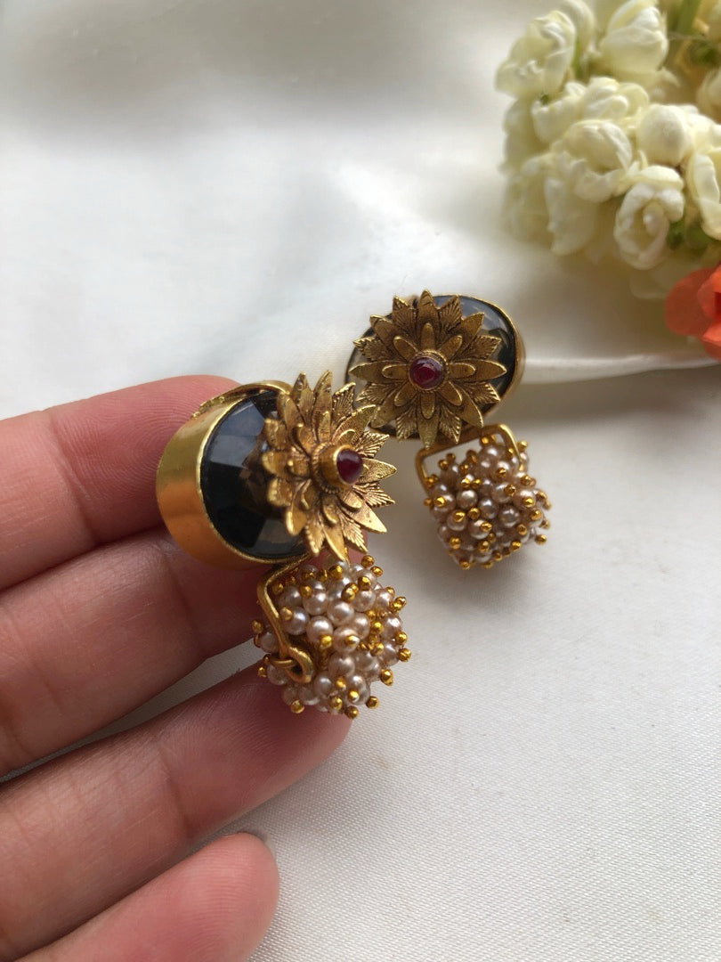 Topaz with antique style flower & pearls bunch-Earrings-PL-House of Taamara
