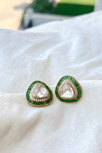 Triangle moissanite with green stones on the side-Silver earrings-EZ-House of Taamara