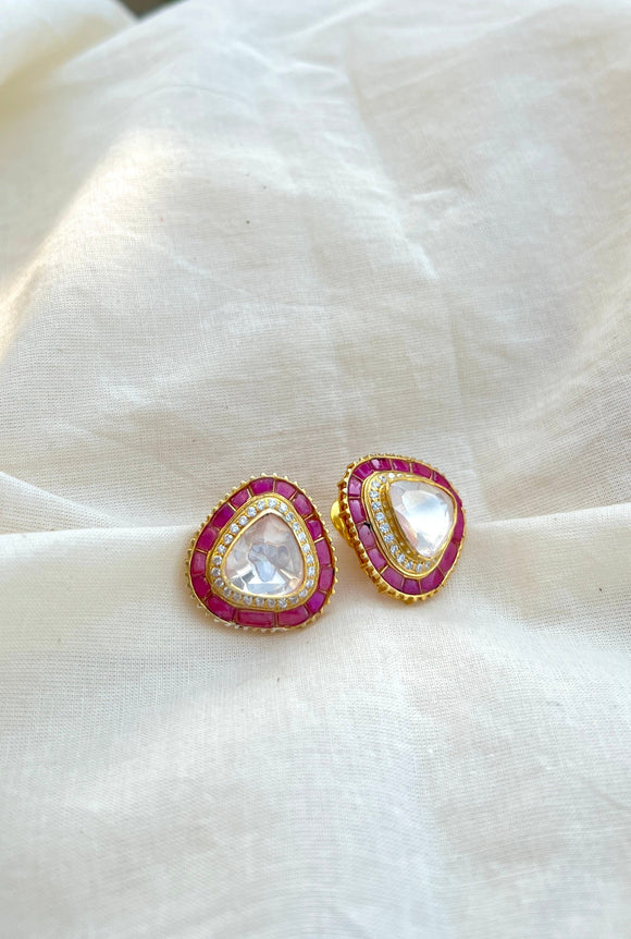 Triangle moissanite with red stones on the side-Silver earrings-EZ-House of Taamara