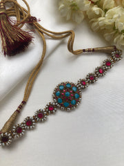 Turquoise & Ruby Kundan With Pearls Antique Pearls Choker (MADE TO ORDER)-Silver Neckpiece-PL-House of Taamara