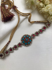 Turquoise & Ruby Kundan With Pearls Antique Pearls Choker (MADE TO ORDER)-Silver Neckpiece-PL-House of Taamara