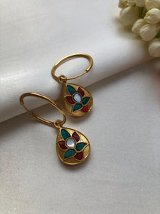 Turquoise and coral tear drop kundan hoops-Earrings-PL-House of Taamara