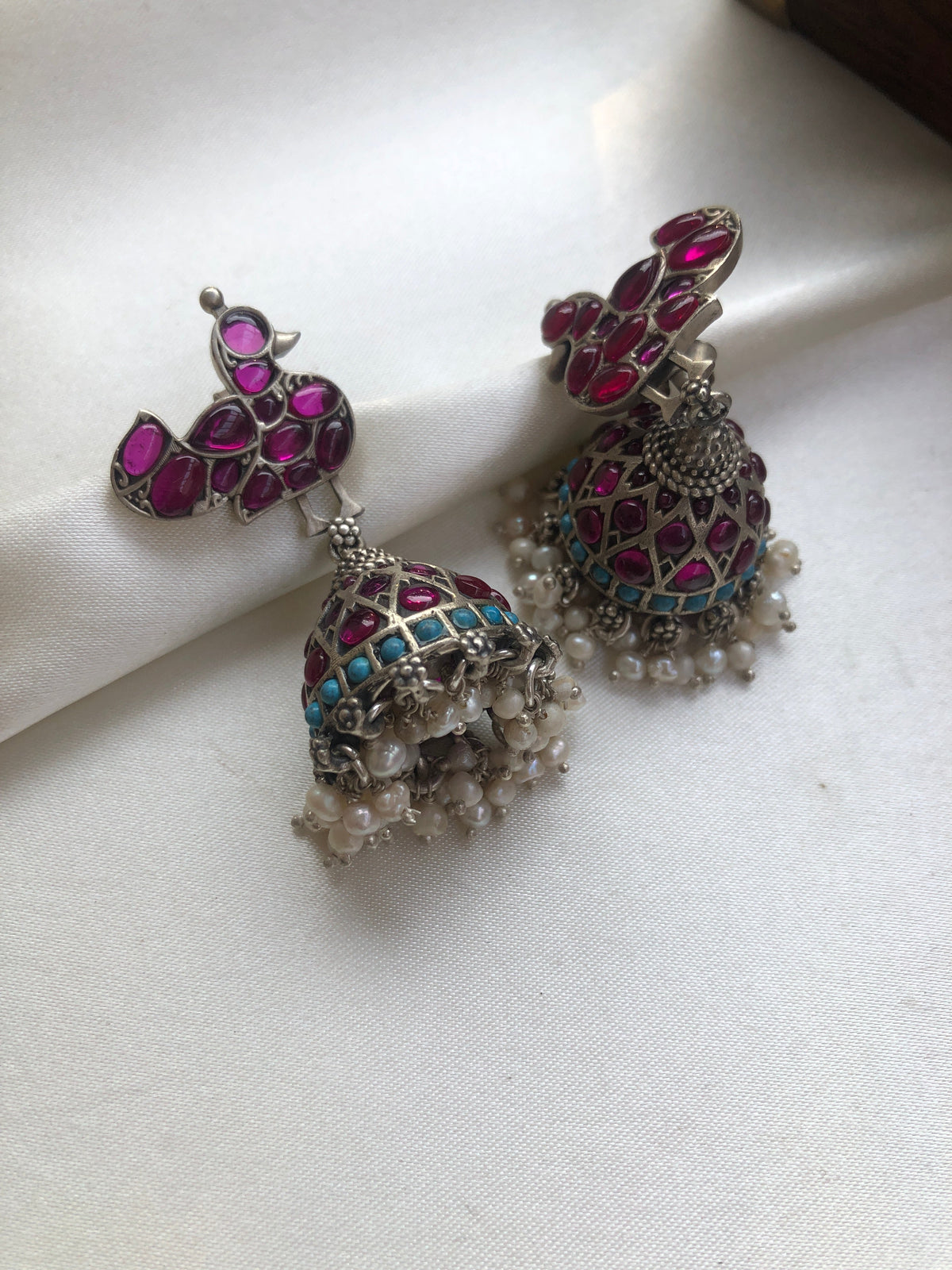 Turquoise and kemp peacock jhumkas-Earrings-PL-House of Taamara