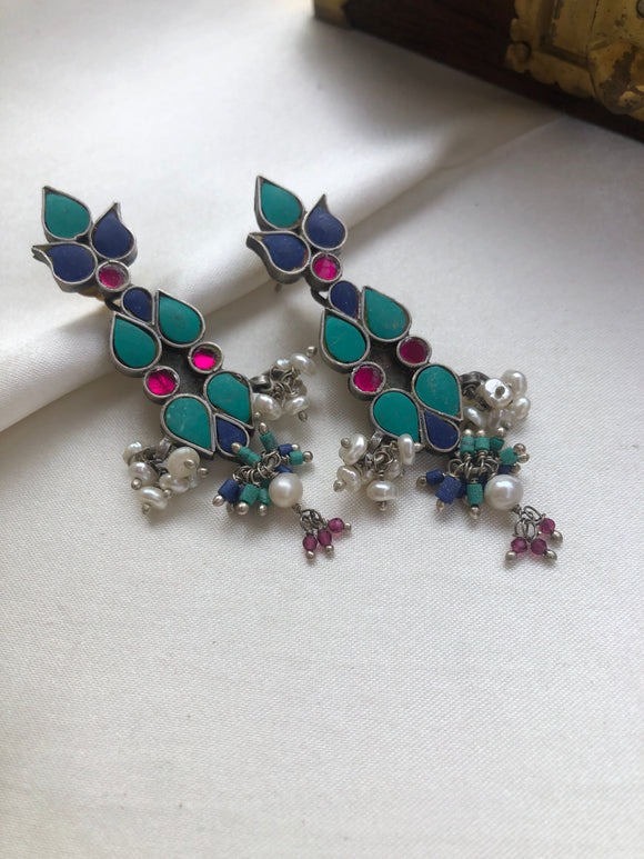 Turquoise and lapis silver polish earring-Earrings-PL-House of Taamara