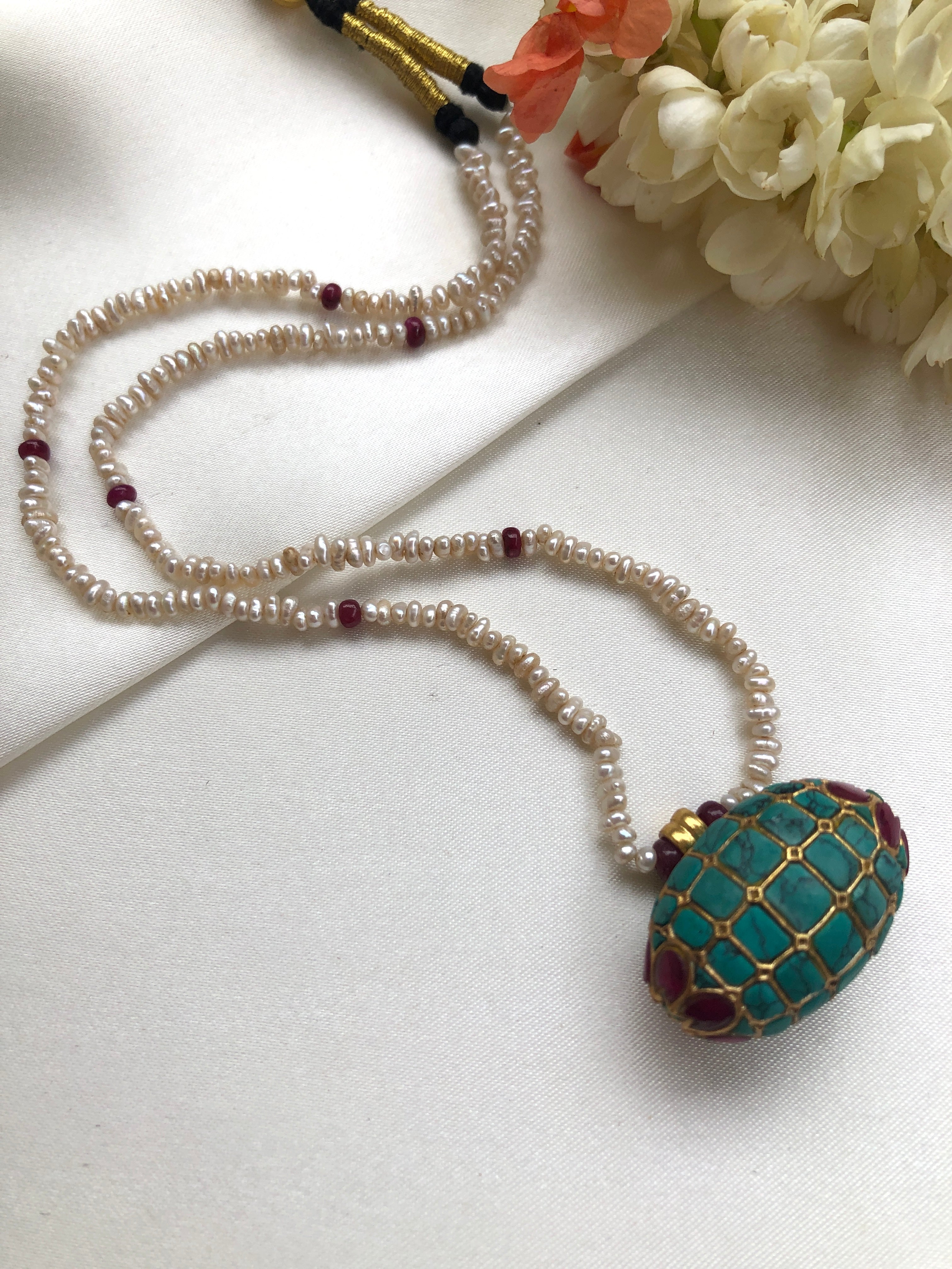 Turquoise and pearl mala tai tai pendant-Silver Neckpiece-PL-House of Taamara