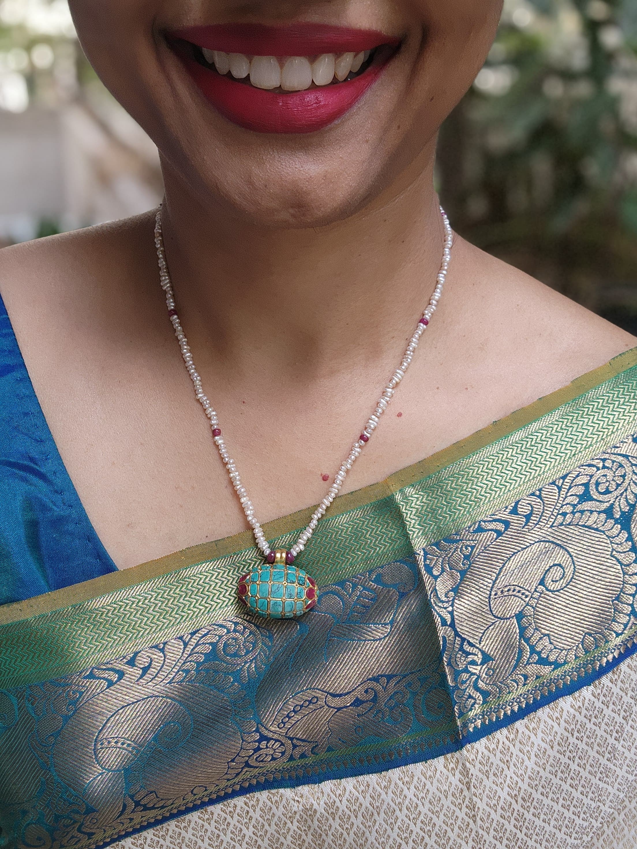 Turquoise and pearl mala tai tai pendant-Silver Neckpiece-PL-House of Taamara