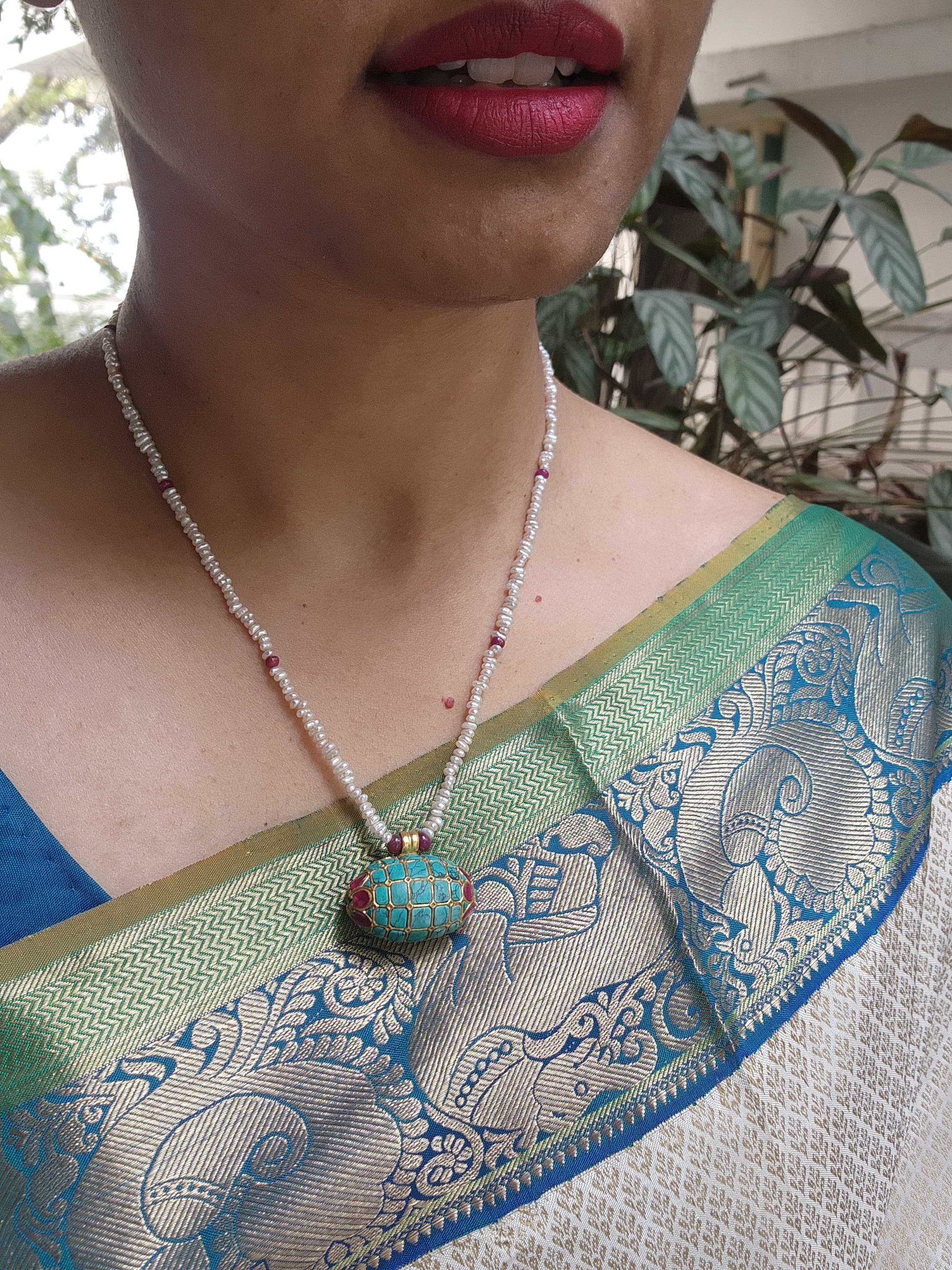 Turquoise and pearl mala tai tai pendant-Silver Neckpiece-PL-House of Taamara