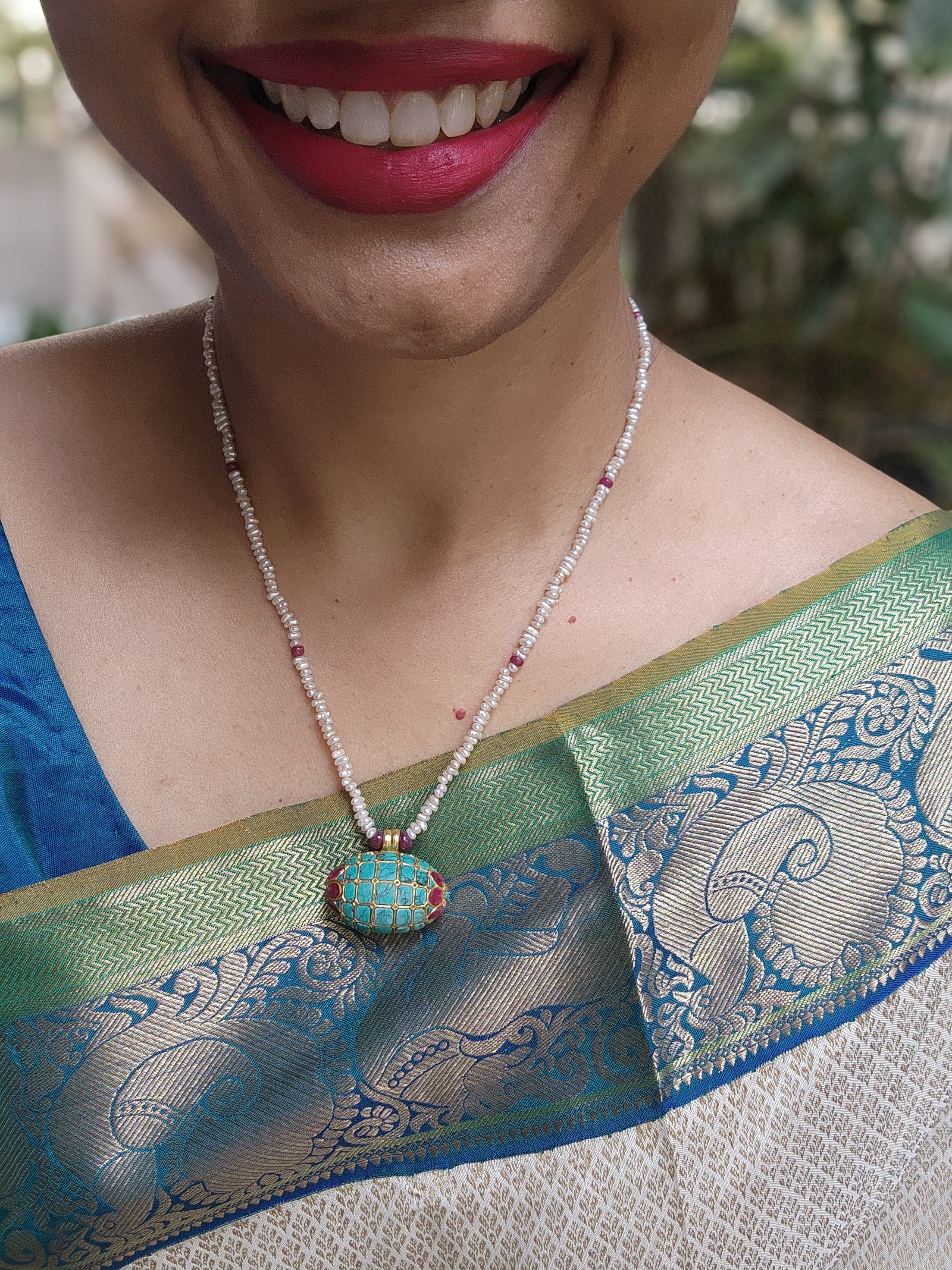 Turquoise and pearl mala tai tai pendant-Silver Neckpiece-PL-House of Taamara