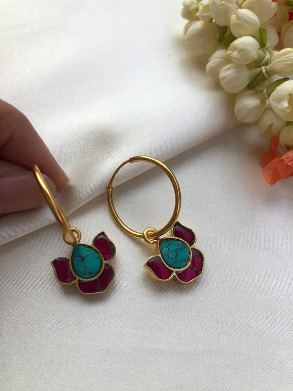 Turquoise and ruby lotus hoop earrings-Earrings-PL-House of Taamara