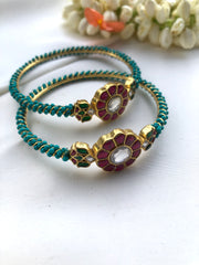 Turquoise beads with kundan bangles, PAIR, 2.6-Silver Bracelet-PL-House of Taamara