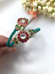Turquoise beads with kundan bangles, PAIR, 2.6-Silver Bracelet-PL-House of Taamara