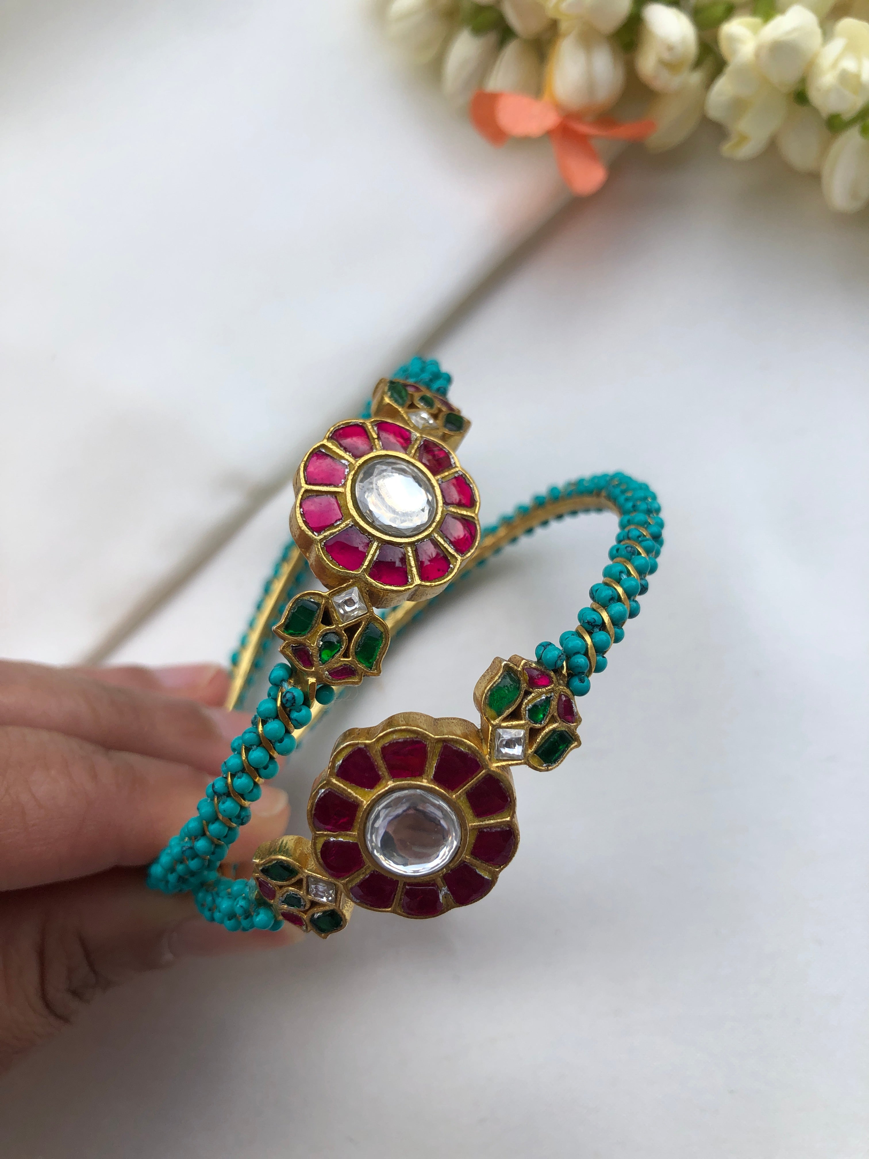 Turquoise beads with kundan bangles, PAIR, 2.6-Silver Bracelet-PL-House of Taamara