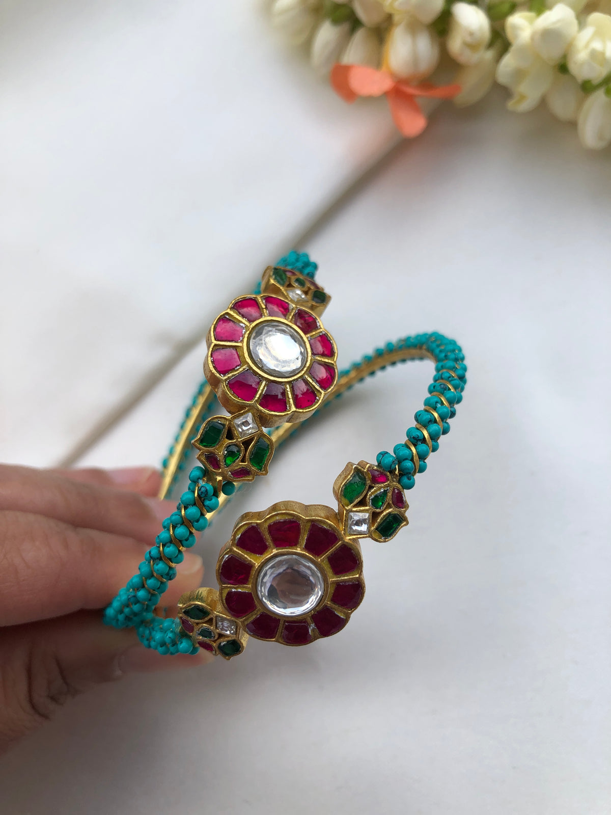 Turquoise beads with kundan bangles, PAIR, 2.6-Silver Bracelet-PL-House of Taamara